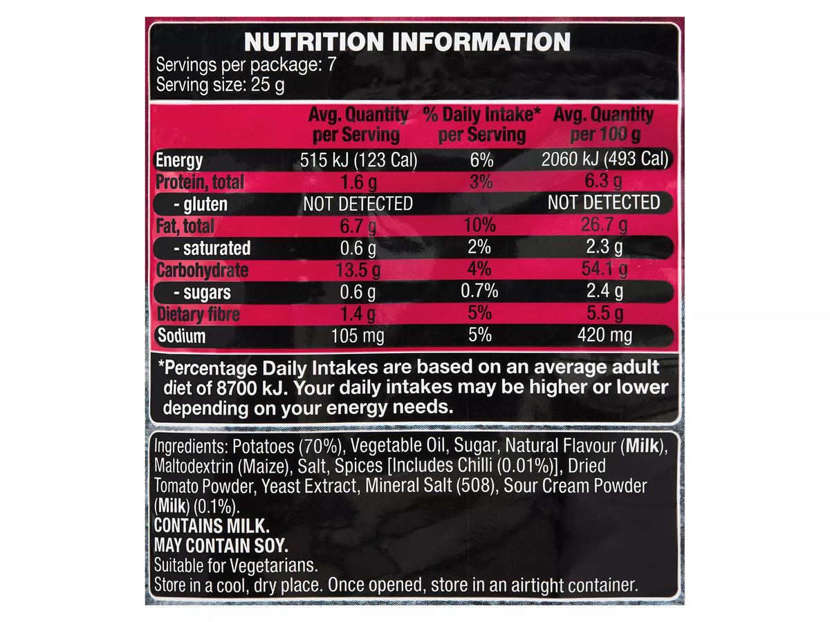 Pack photograph of BLACKSTONE GOURMET SNACK CO. Sweet Chilli & Sour Cream Flavoured Deli Style Potato Chips 175g showing the printed nutrition panel