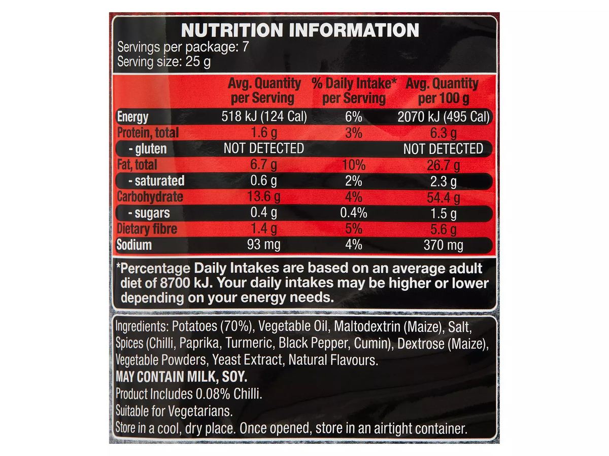 Pack photograph of BLACKSTONE GOURMET SNACK CO. Chilli Flavoured Deli Style Potato Chips 175g showing the printed nutrition panel