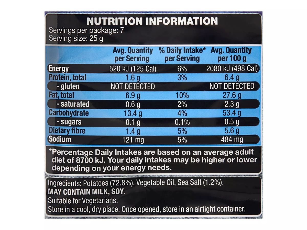 Pack photograph of BLACKSTONE GOURMET SNACK CO. Sea Salt Flavoured Deli Style Potato Chips 175g showing the printed nutrition panel