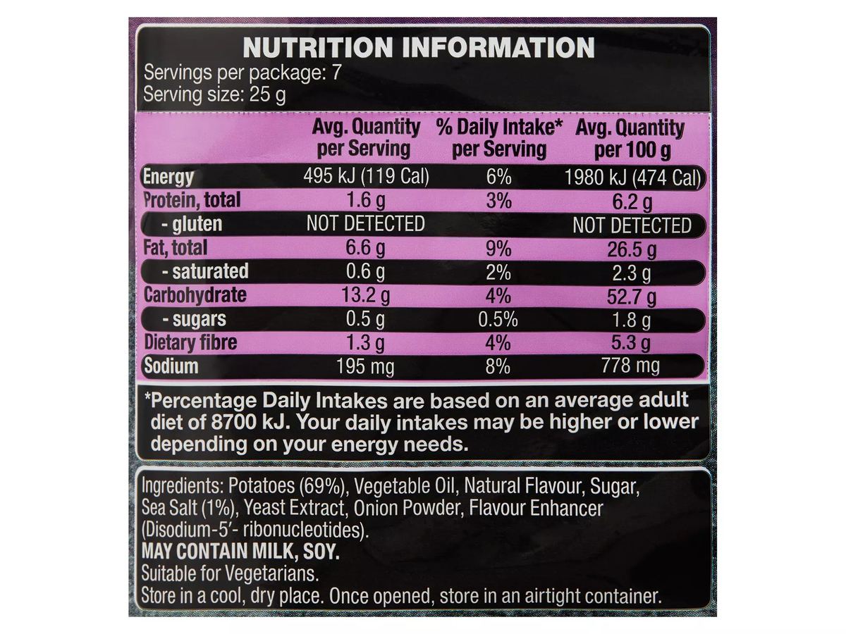 Pack photograph of BLACKSTONE GOURMET SNACK CO. Sea Salt & Balsamic Vinegar  Flavoured Deli Style Potato Chips 175g showing the printed nutrition panel