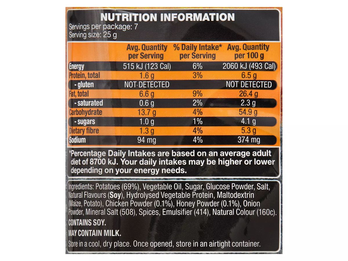 Pack photograph of BLACKSTONE GOURMET SNACK CO. Honey Soy Chicken  Flavoured Deli Style Potato Chips 175g showing the printed nutrition panel