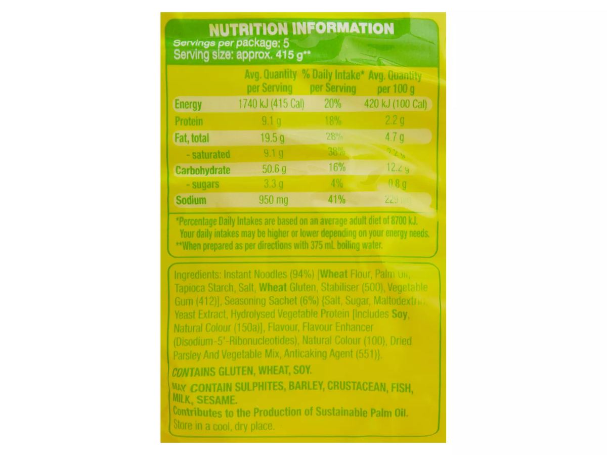 Pack photograph of SIMPLEE Chicken Noodles 5 Pack 425g showing the printed nutrition panel