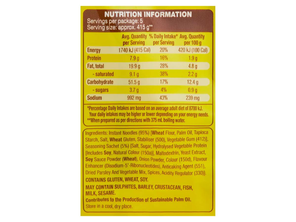 Pack photograph of SIMPLEE Beef Noodles 5 Pack 425g showing the printed nutrition panel