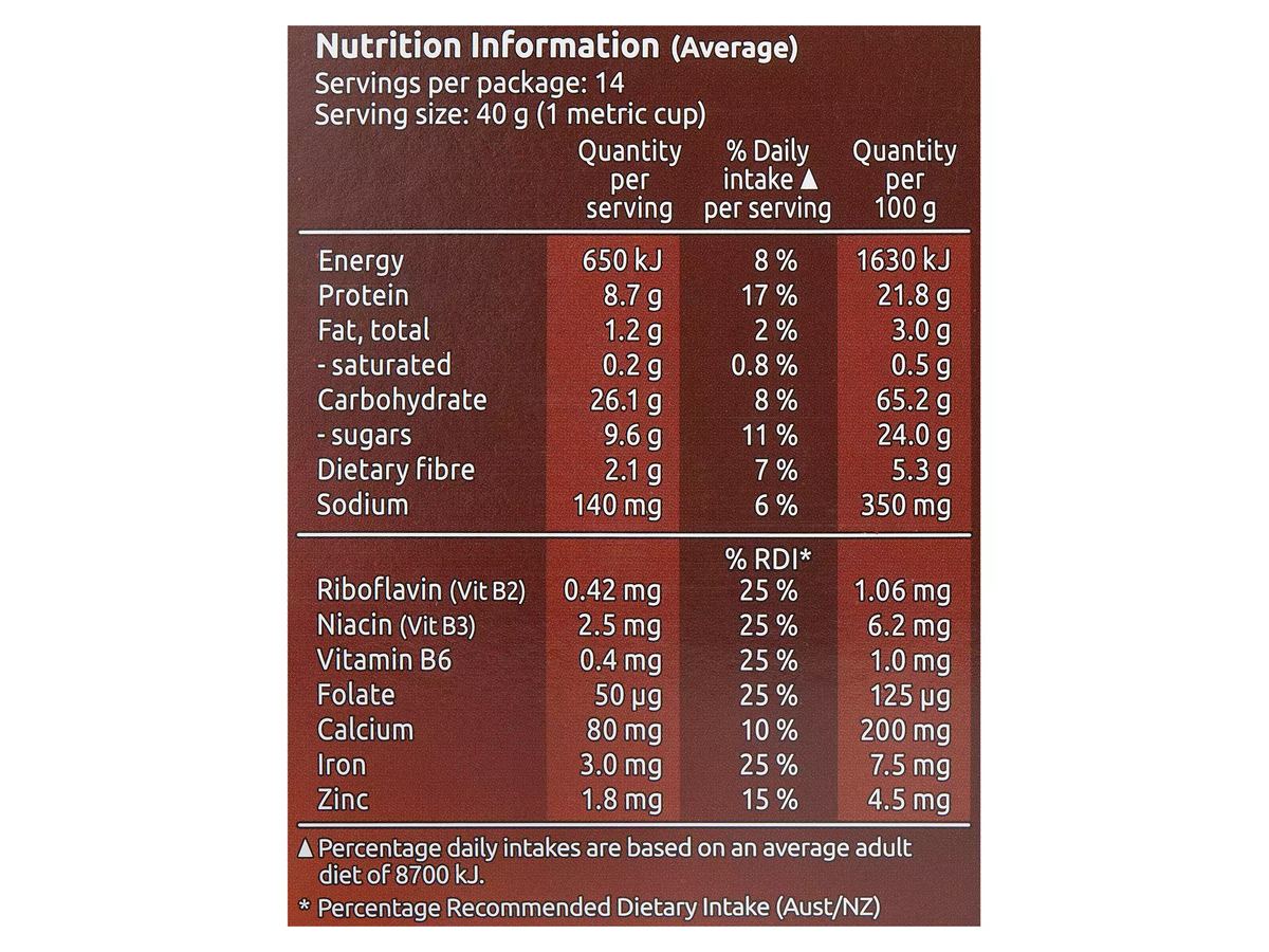 Pack photograph of KELLOGG'S Nutri-Grain Breakfast Cereal 580g showing the printed nutrition panel