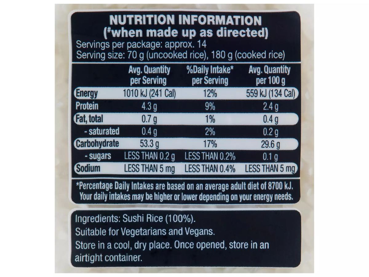 Pack photograph of IMPERIAL GRAIN Sushi Rice 1kg showing the printed nutrition panel
