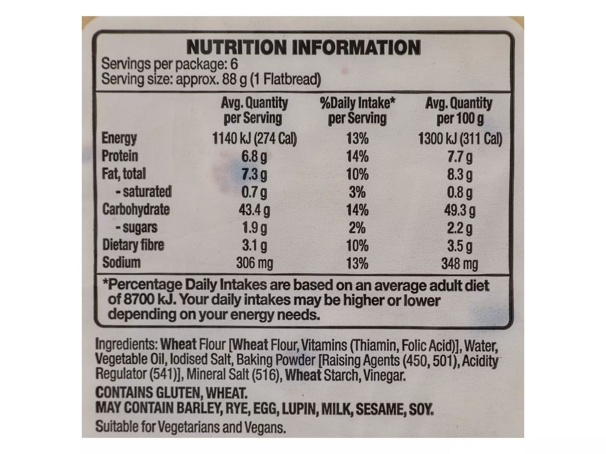 Pack photograph of BILLIE'S BAKEHOUSE Flatbread White 6 Pack 528g showing the printed nutrition panel
