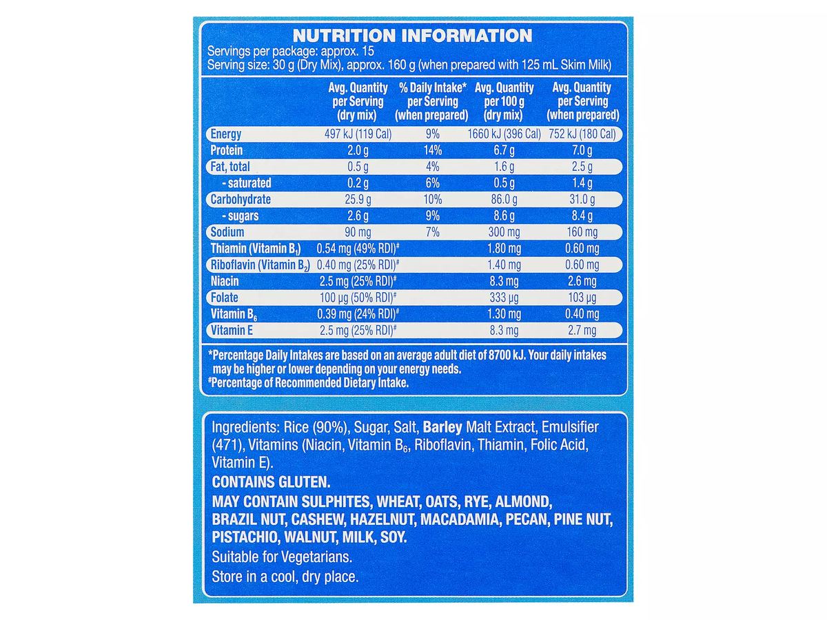 Pack photograph of HILLCREST Breakfast Bubbles 450g showing the printed nutrition panel