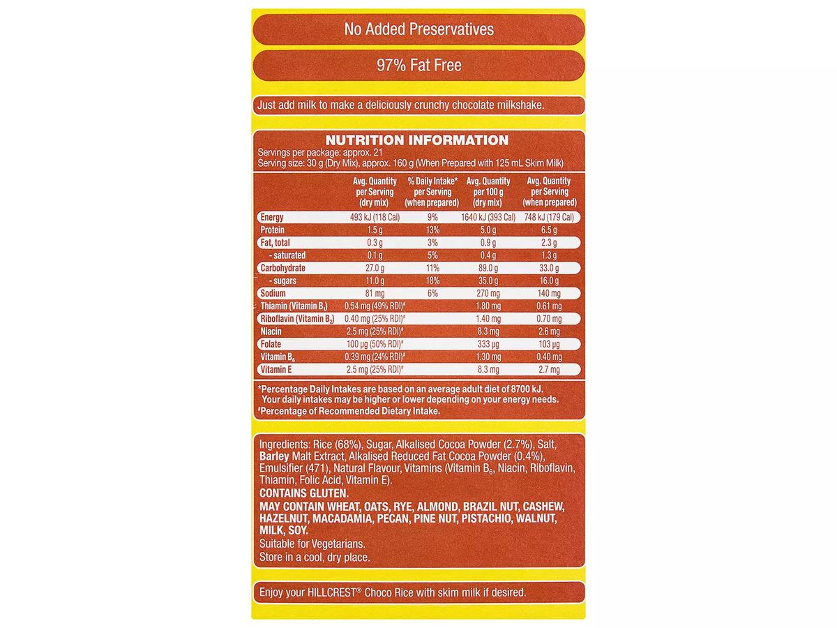 Pack photograph of HILLCREST Choco Rice Cereal 650g showing the printed nutrition panel