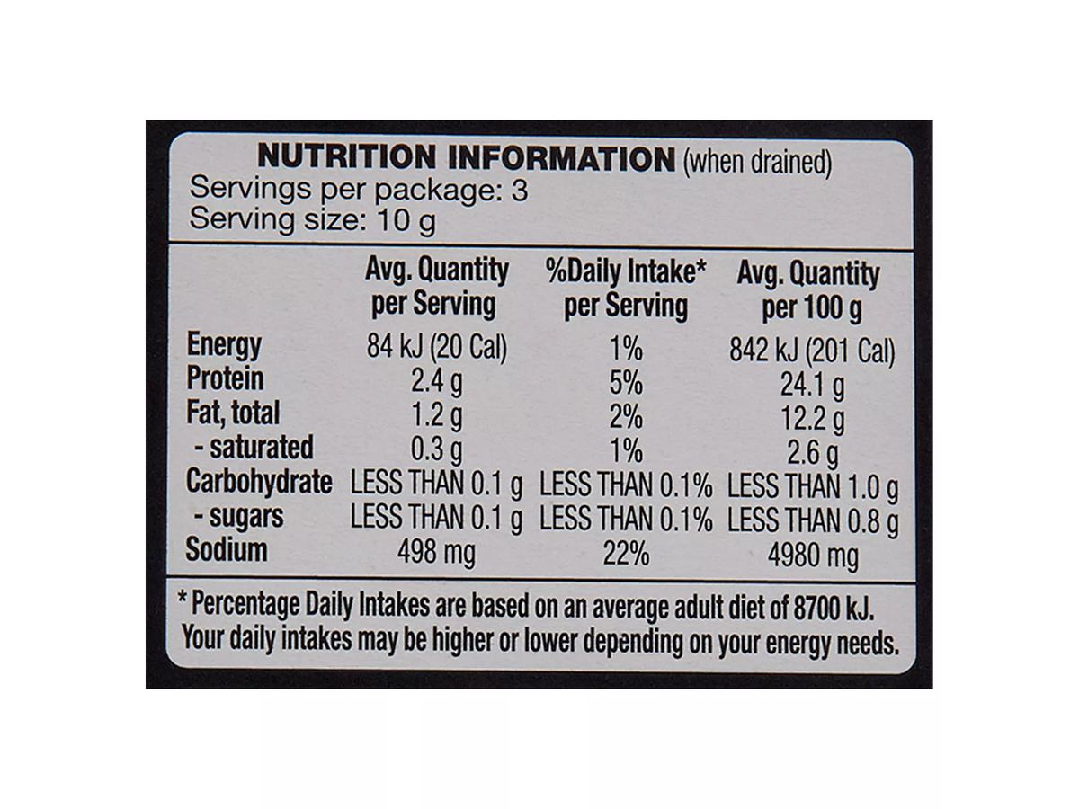 Pack photograph of OCEAN RISE Anchovy Fillets in Oil 50g showing the printed nutrition panel