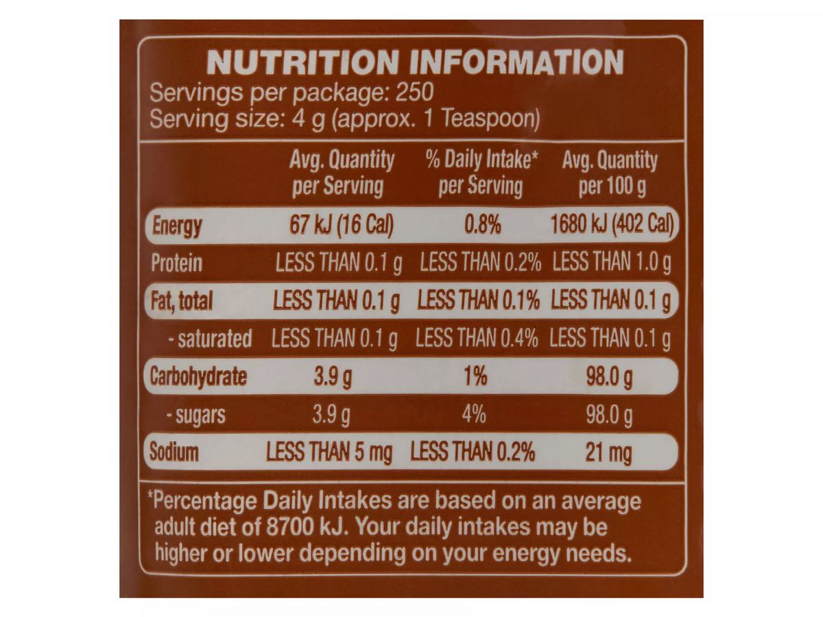 Pack photograph of WHITE MILL Brown Sugar 1kg showing the printed nutrition panel