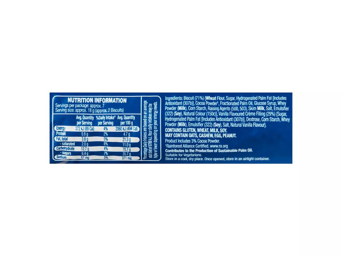 Pack photograph of BELMONT BISCUIT CO. Cookies & Crème Biscuits 128g showing the printed nutrition panel