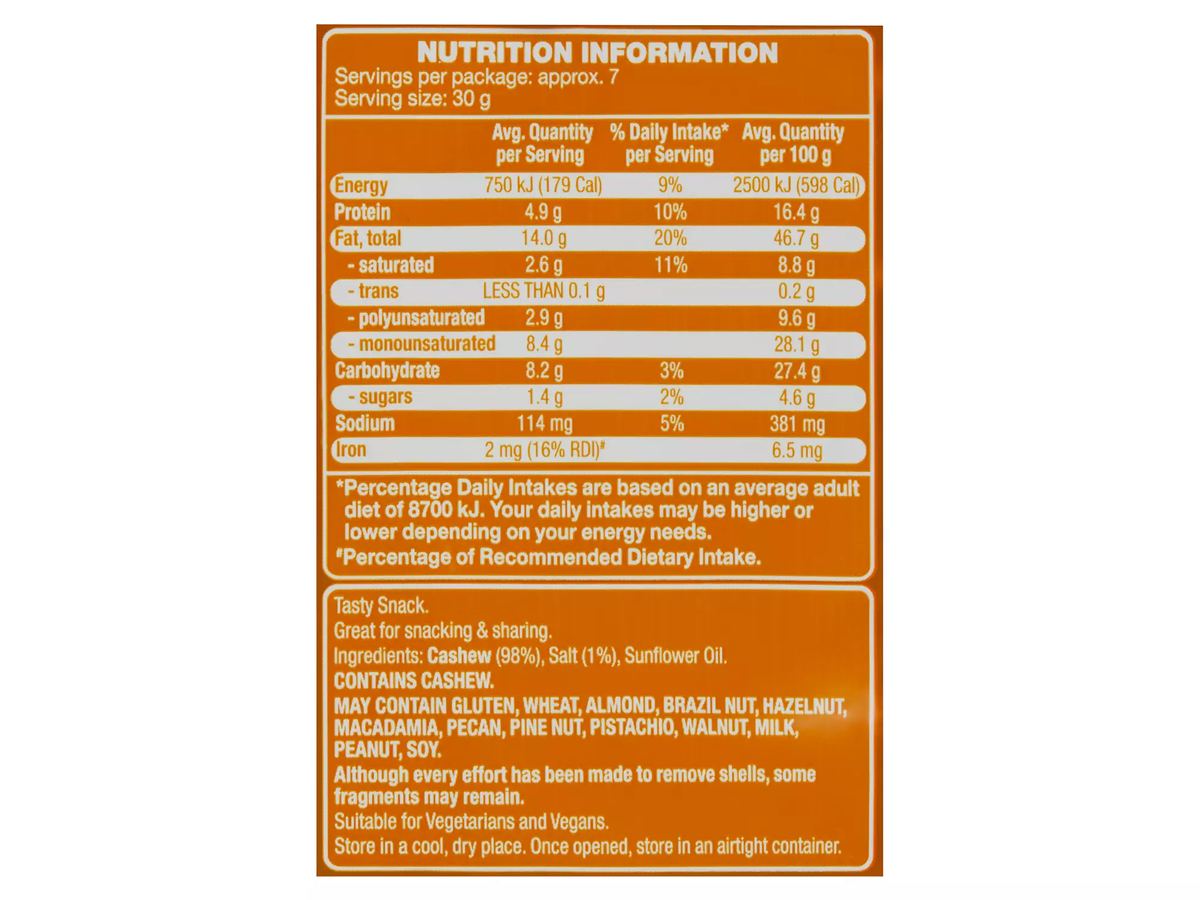 Pack photograph of FORRESTERS Roasted & Salted Cashews 200g showing the printed nutrition panel