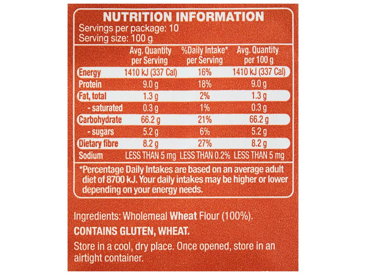 Pack photograph of WHITE MILL Wholemeal Flour 1kg showing the printed nutrition panel