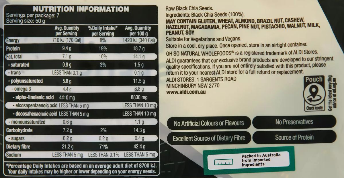 Pack photograph of OH SO NATURAL WHOLEFOODS Black Chia Seeds 350g showing the printed nutrition panel
