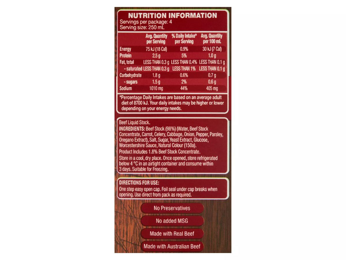 Pack photograph of CHEFS' CUPBOARD Beef Liquid Stock 1L showing the printed nutrition panel