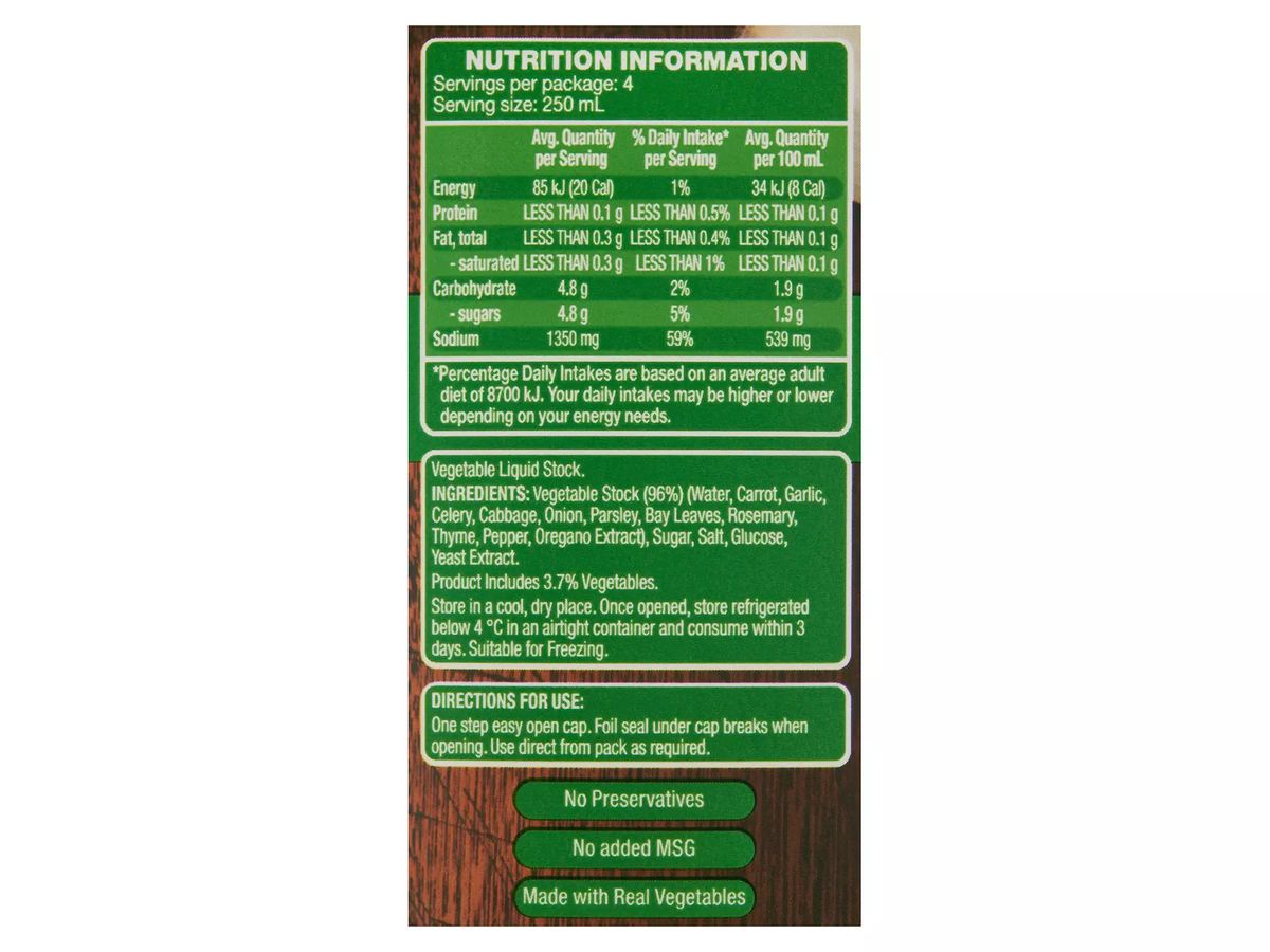 Pack photograph of CHEFS' CUPBOARD Vegetable Liquid Stock 1L showing the printed nutrition panel