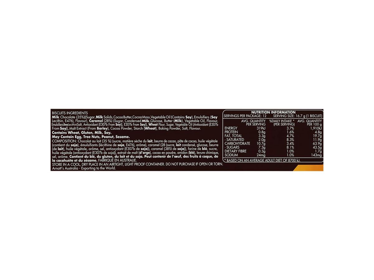Pack photograph of ARNOTT'S Caramel Crowns 200g showing the printed nutrition panel