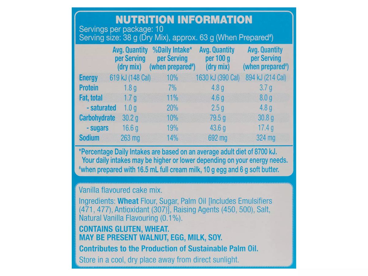 Pack photograph of WHITE MILL Vanilla Flavoured Cake Mix 380g showing the printed nutrition panel