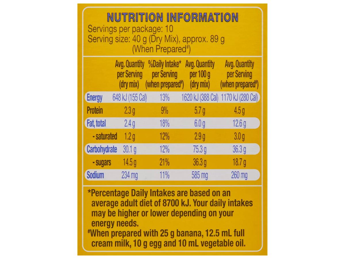 Pack photograph of WHITE MILL Banana Bread Mix 400g showing the printed nutrition panel