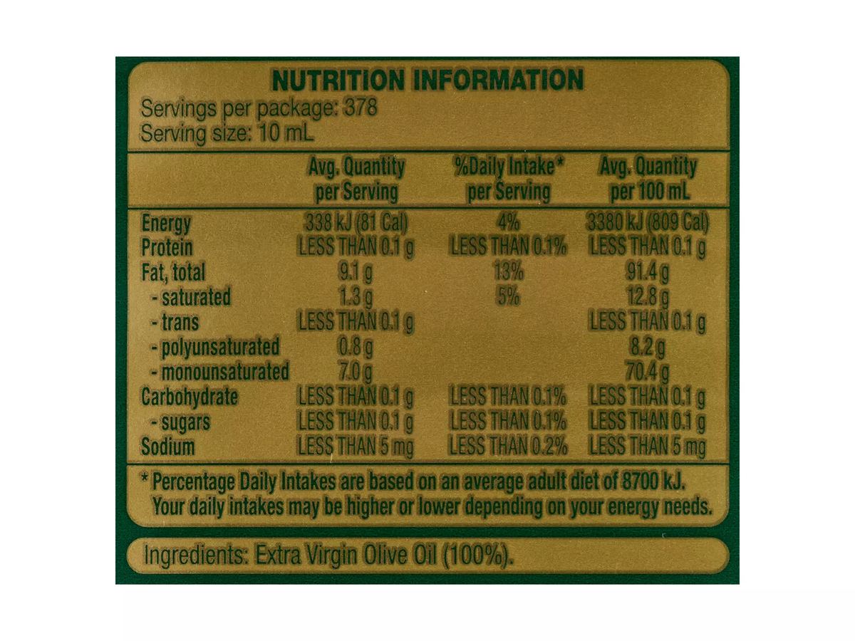 Pack photograph of THE OLIVE TREE Mediterranean Extra Virgin Olive Oil 3.78L showing the printed nutrition panel