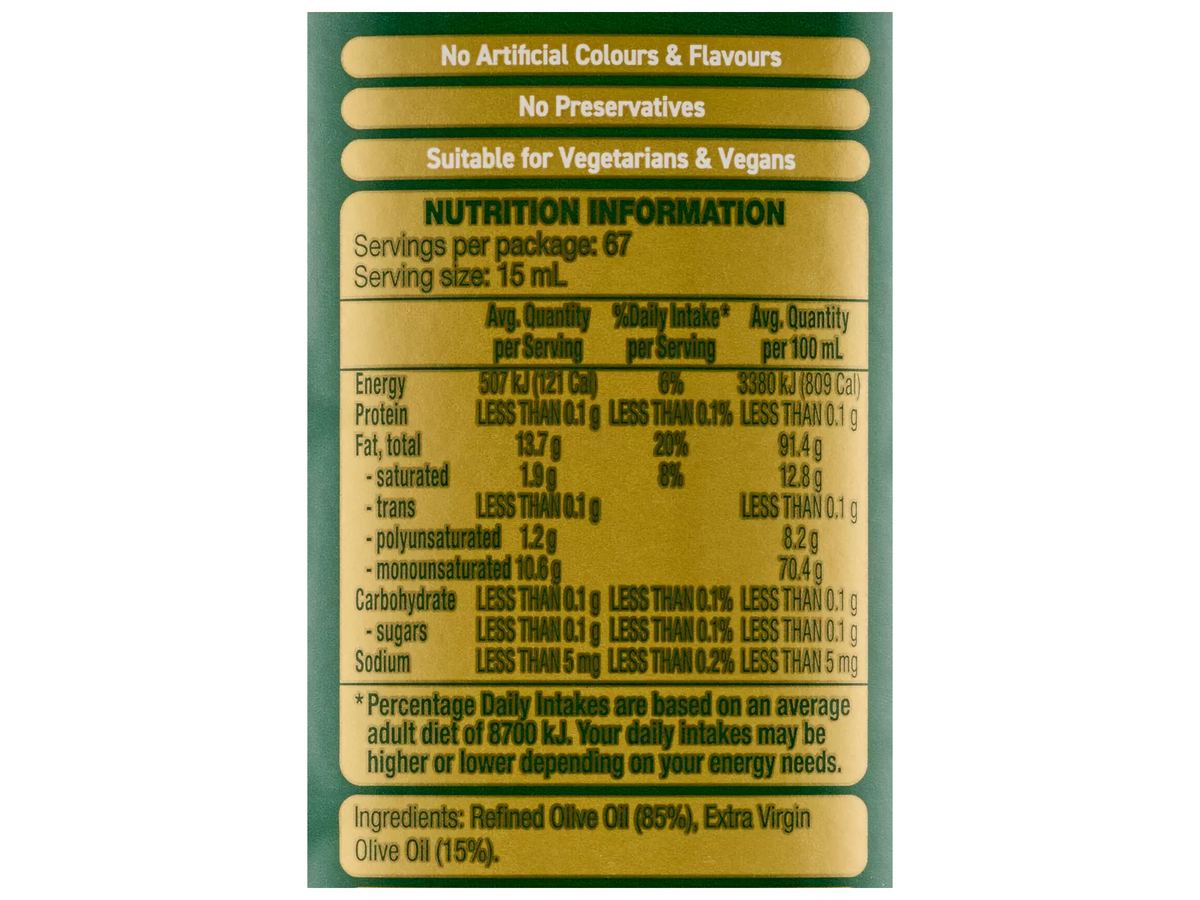Pack photograph of THE OLIVE TREE Olive Oil 1L showing the printed nutrition panel