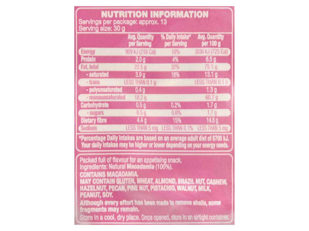 Pack photograph of FORRESTERS Natural Macadamias 400g showing the printed nutrition panel