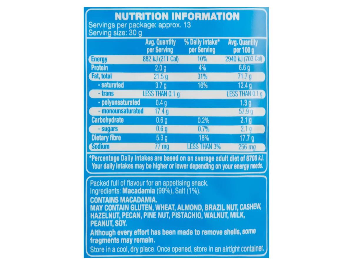 Pack photograph of FORRESTERS Roasted & Salted Macadamias 400g showing the printed nutrition panel