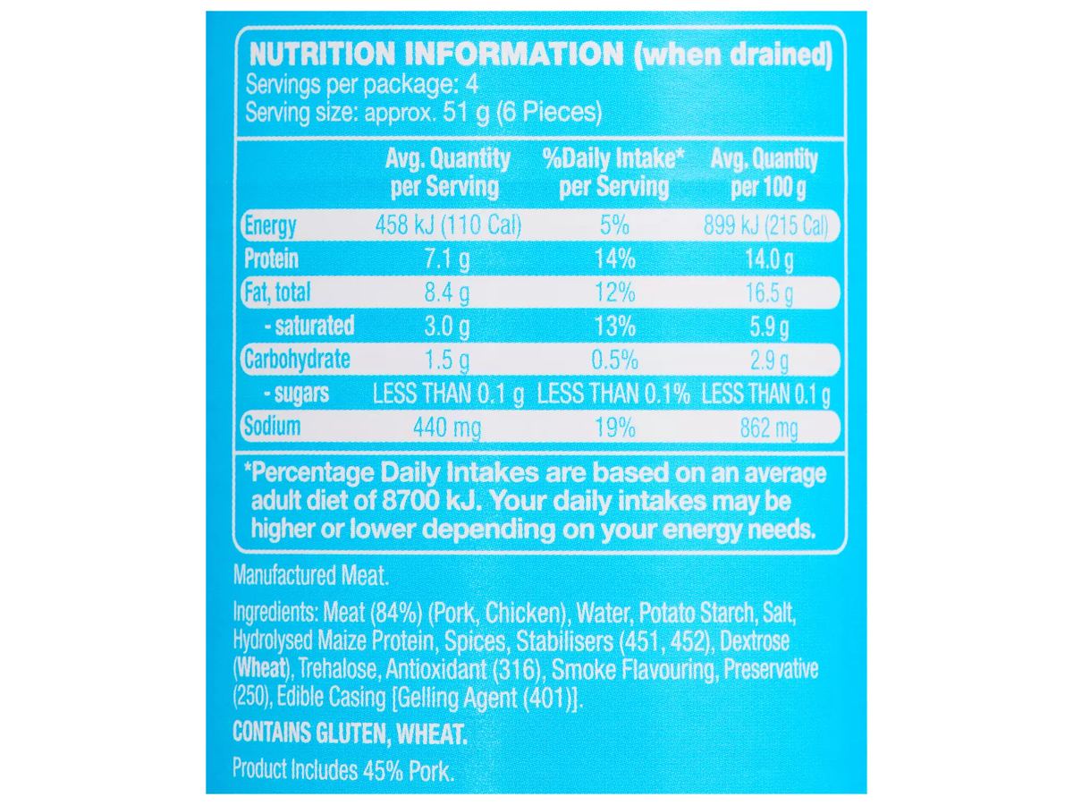 Pack photograph of CORALE Cocktail Frankfurts 400g showing the printed nutrition panel