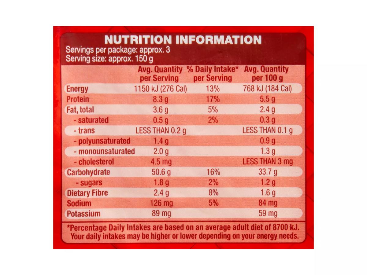 Pack photograph of WORLD KITCHEN Fresh Hokkien Noodles 450g showing the printed nutrition panel