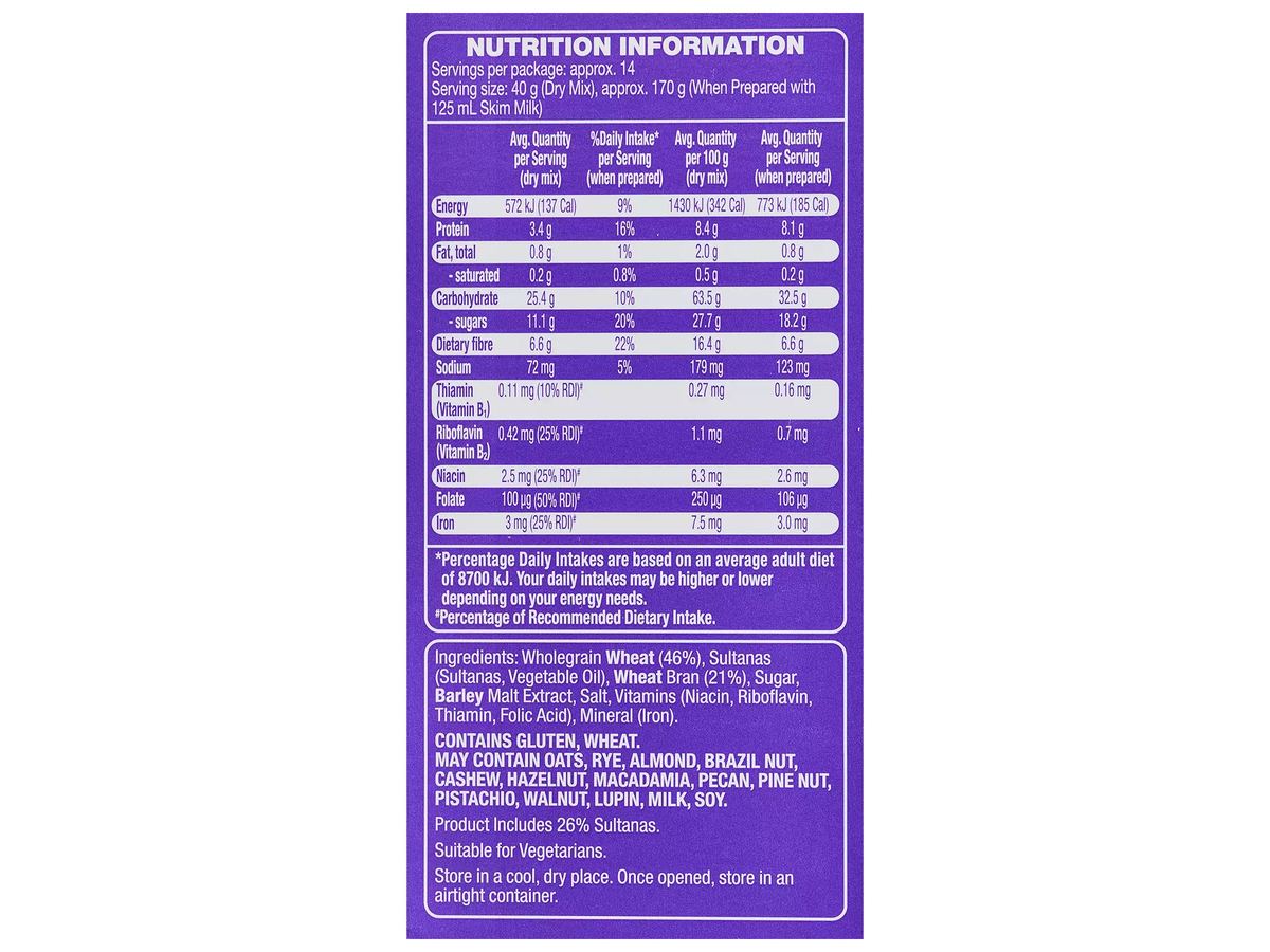 Pack photograph of HILLCREST Bran & Sultanas 580g showing the printed nutrition panel