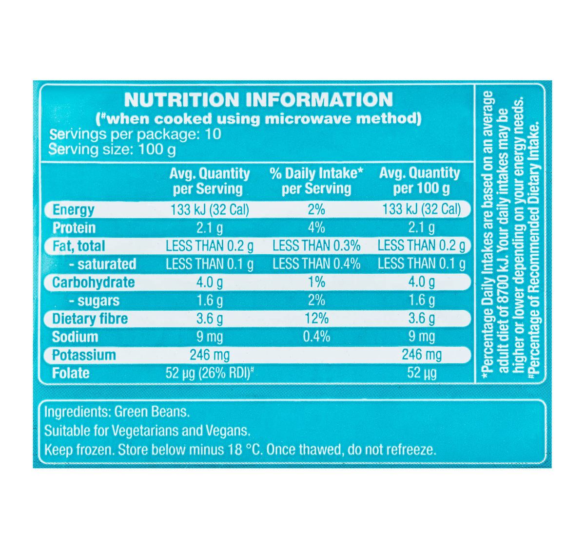 Pack photograph of MARKET FARE Australian Green Beans 1kg showing the printed nutrition panel
