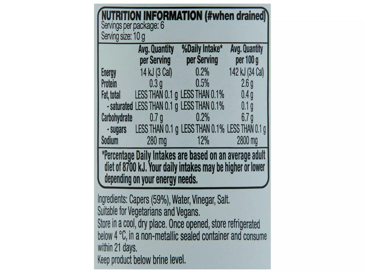 Pack photograph of DELI ORIGINALS Baby Capers 110g showing the printed nutrition panel
