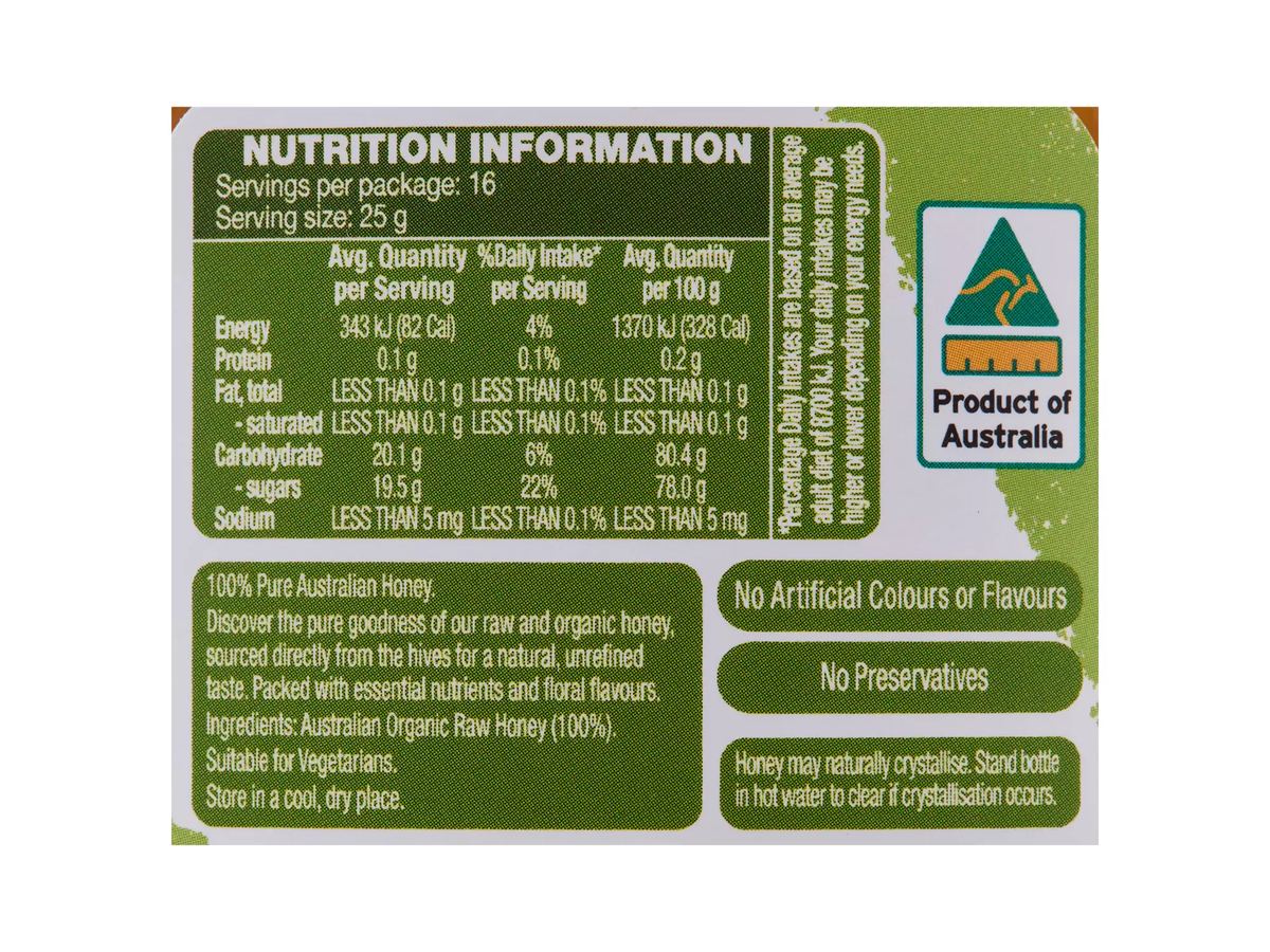 Pack photograph of OH SO NATURAL ORGANIC Organic Raw Honey 400g showing the printed nutrition panel