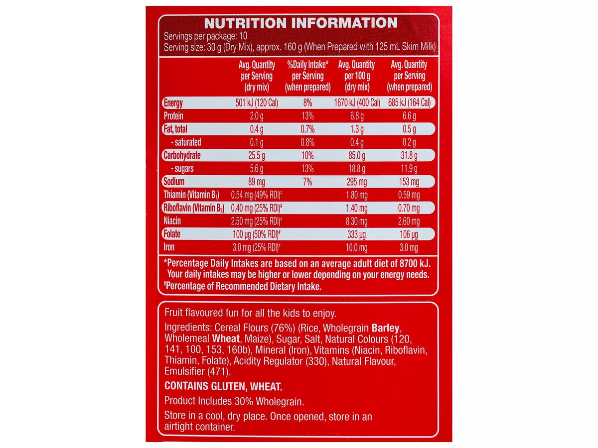 Pack photograph of HILLCREST Fruity Rings 300g showing the printed nutrition panel