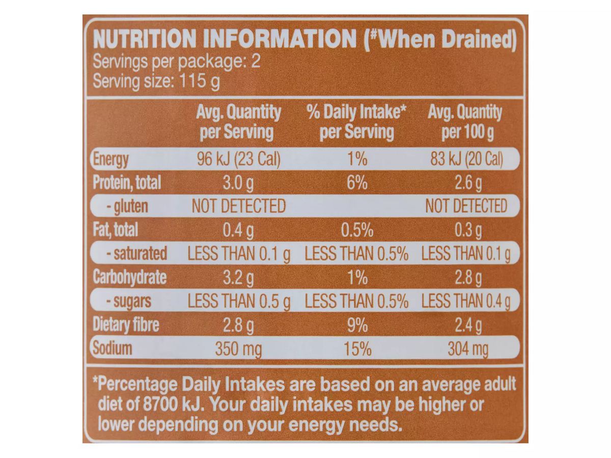 Pack photograph of NEW SEASON Whole Champignons 425g showing the printed nutrition panel
