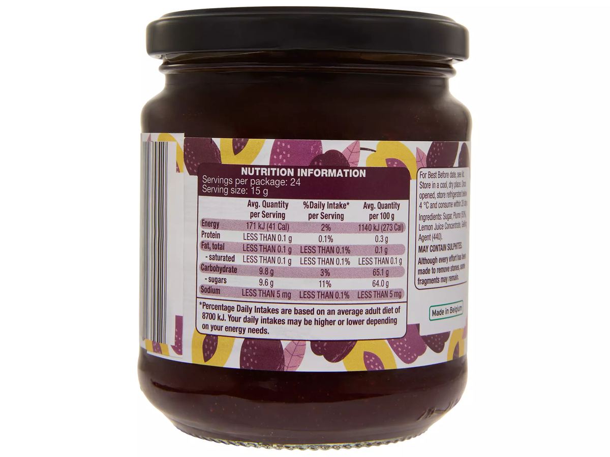 Pack photograph of GRANDESSA Premium Plum  Jam 360g showing the printed nutrition panel