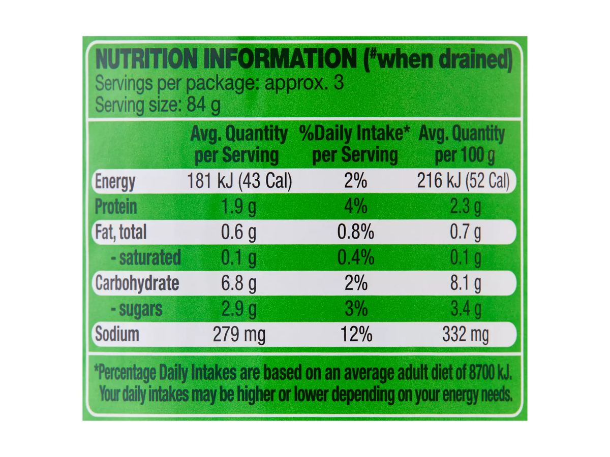 Pack photograph of NEW SEASON Peas, Corn & Carrots 420g showing the printed nutrition panel