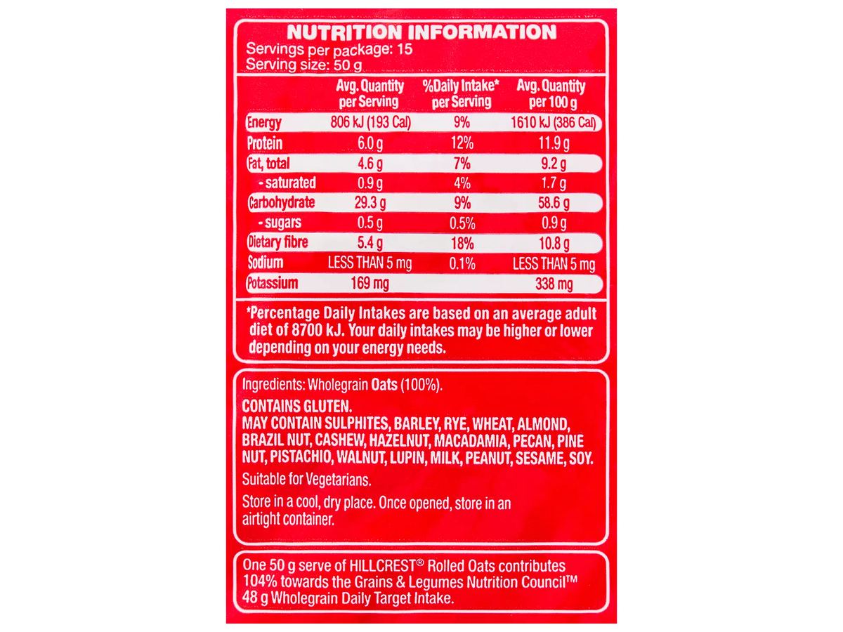Pack photograph of HILLCREST Rolled Oats 750g showing the printed nutrition panel