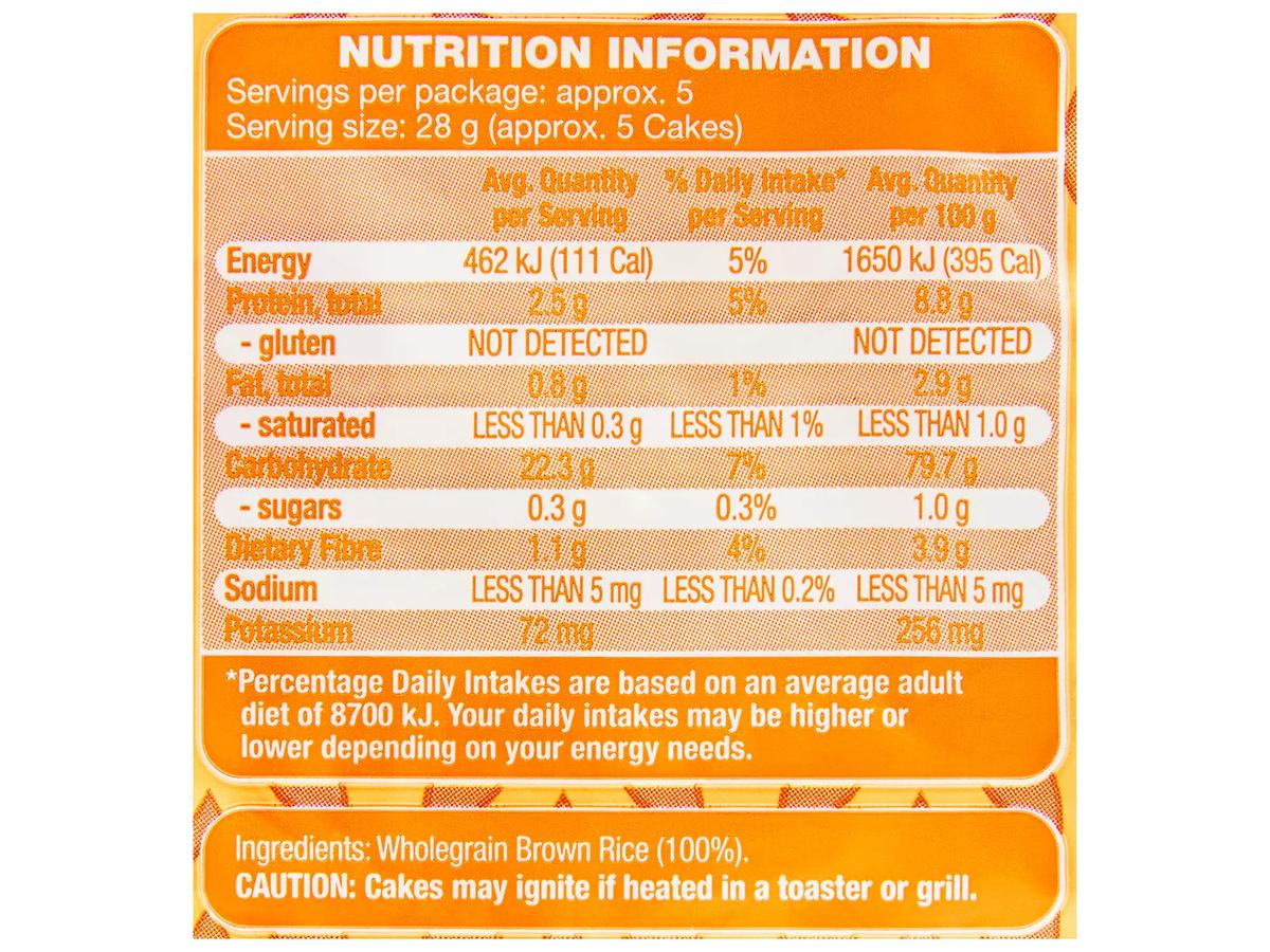Pack photograph of DAMORA Original Thin Brown Rice Cakes 150g showing the printed nutrition panel