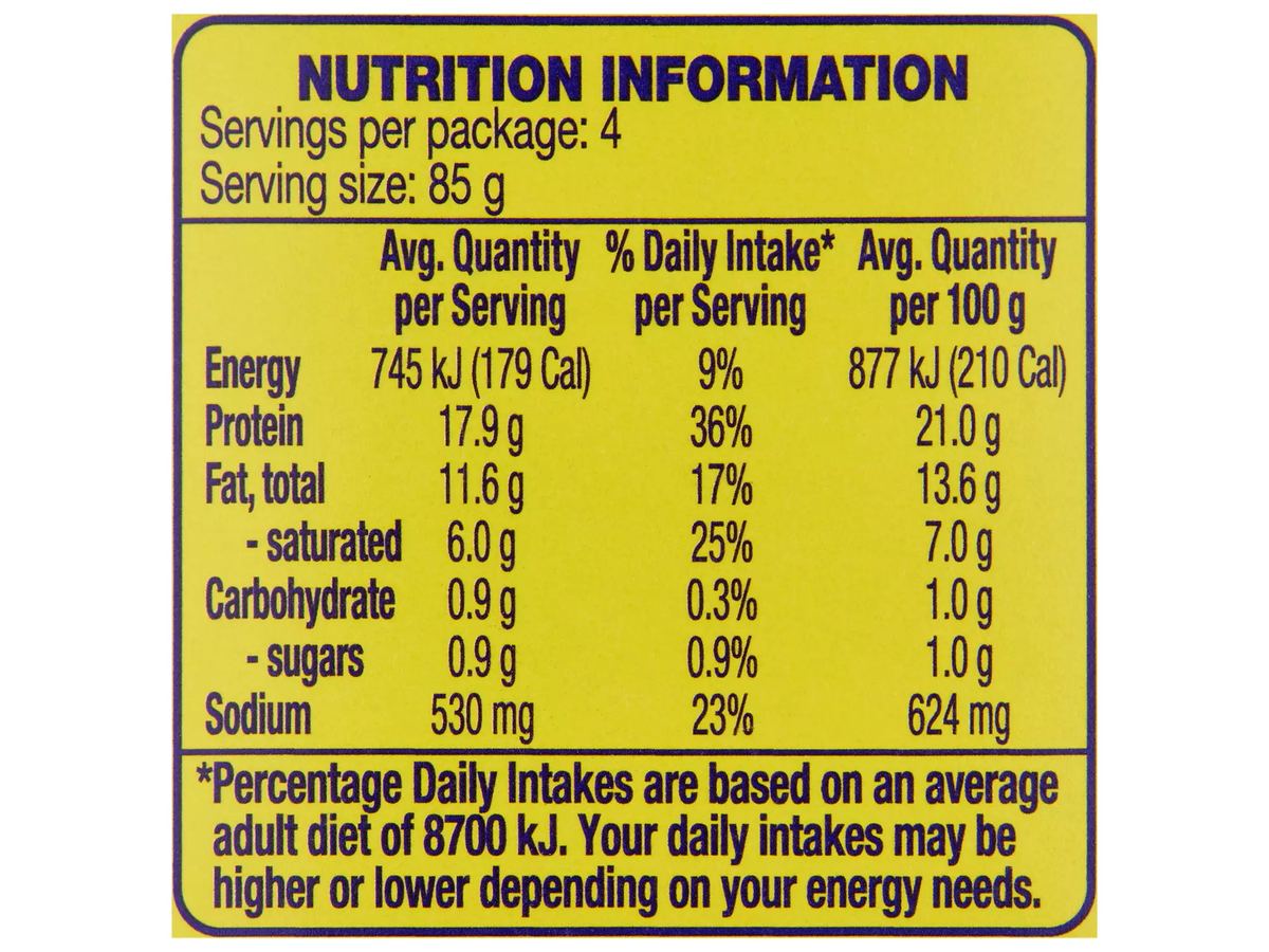 Pack photograph of CORALE Corned Beef 340g showing the printed nutrition panel
