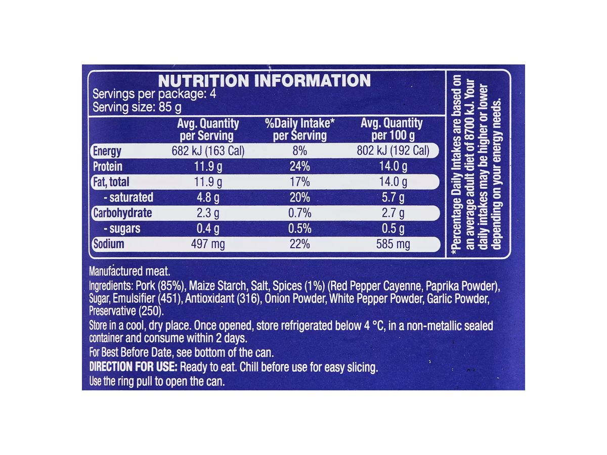 Pack photograph of CORALE Spiced Ham 340g showing the printed nutrition panel