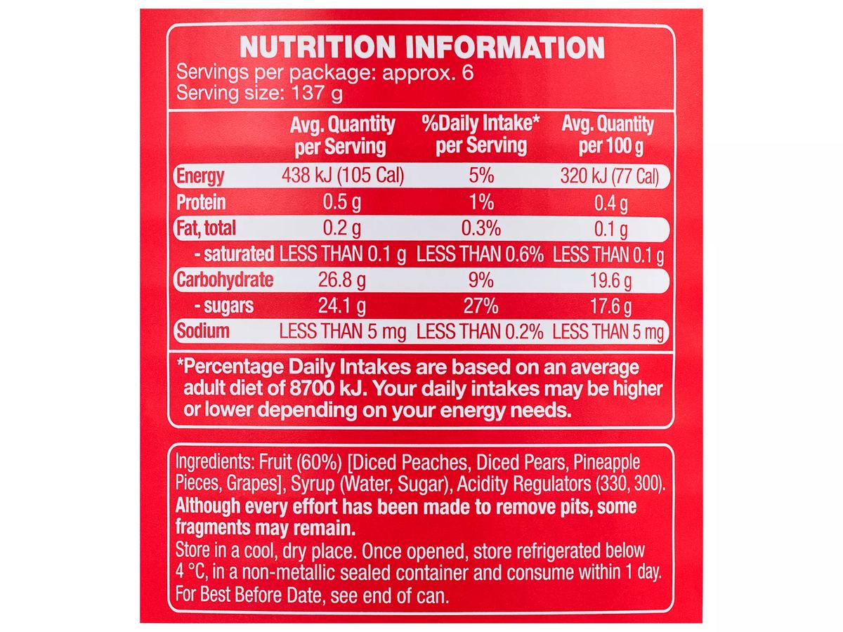 Pack photograph of SWEET VALLEY Fruit Salad in Syrup 825g showing the printed nutrition panel