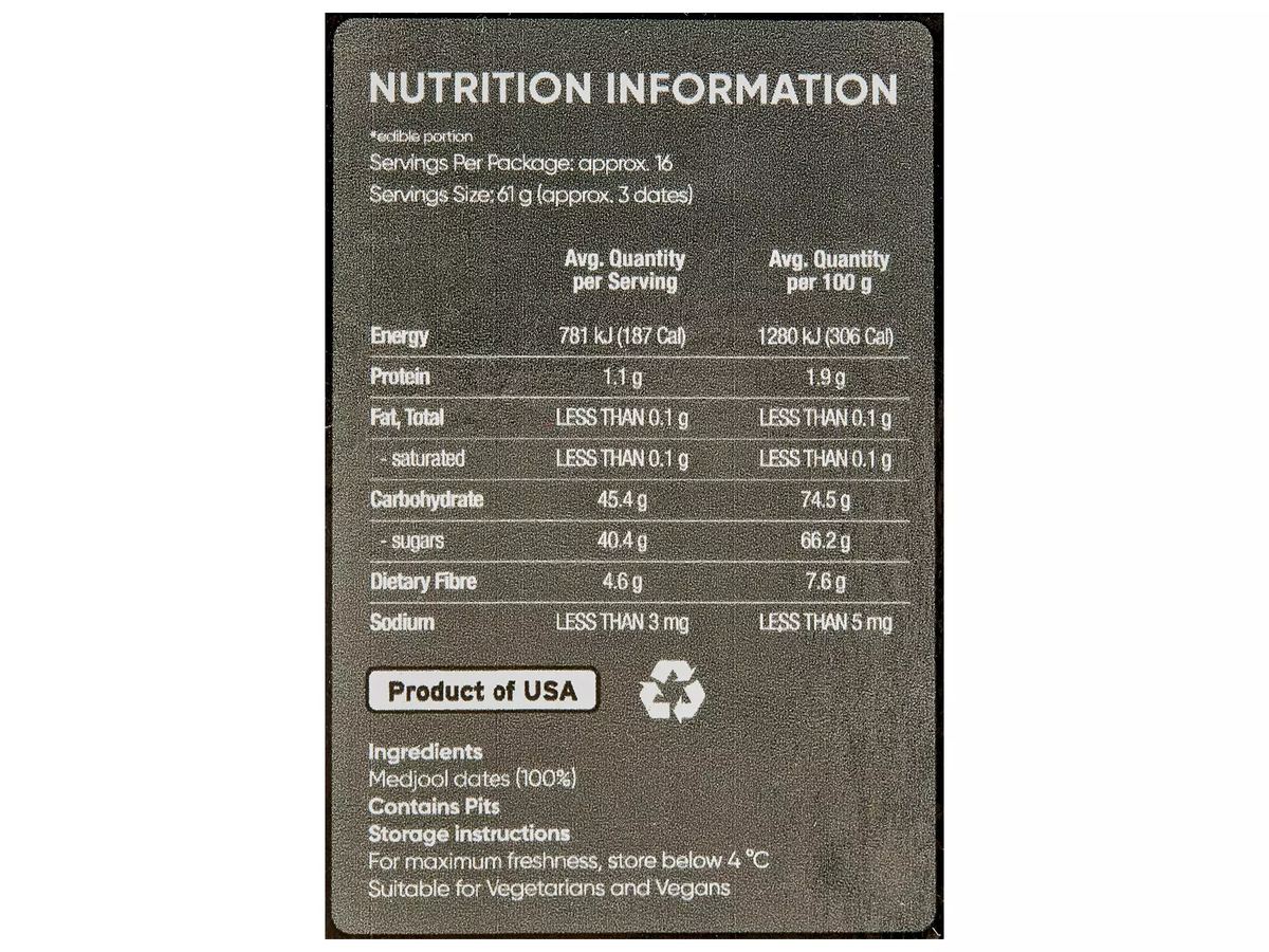 Pack photograph of THE PERFECT DATE Medjool Dates 1kg showing the printed nutrition panel