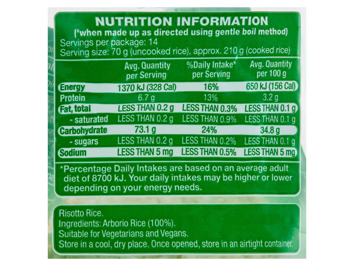 Pack photograph of IMPERIAL GRAIN Arborio Rice 1kg showing the printed nutrition panel