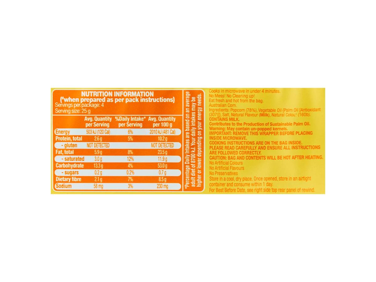 Pack photograph of SPRINTERS Microwave Butter Popcorn 100g showing the printed nutrition panel