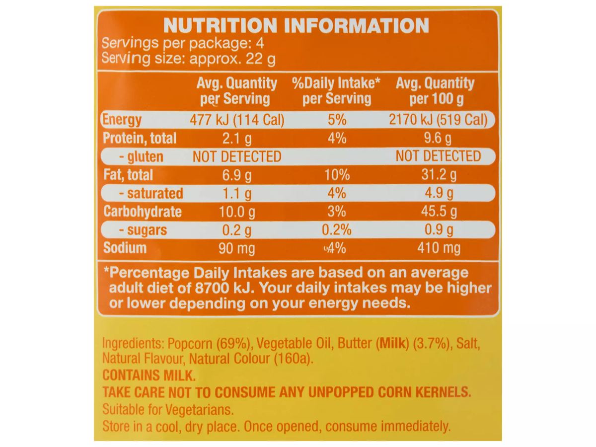 Pack photograph of SPRINTERS Butter Popcorn 90g showing the printed nutrition panel