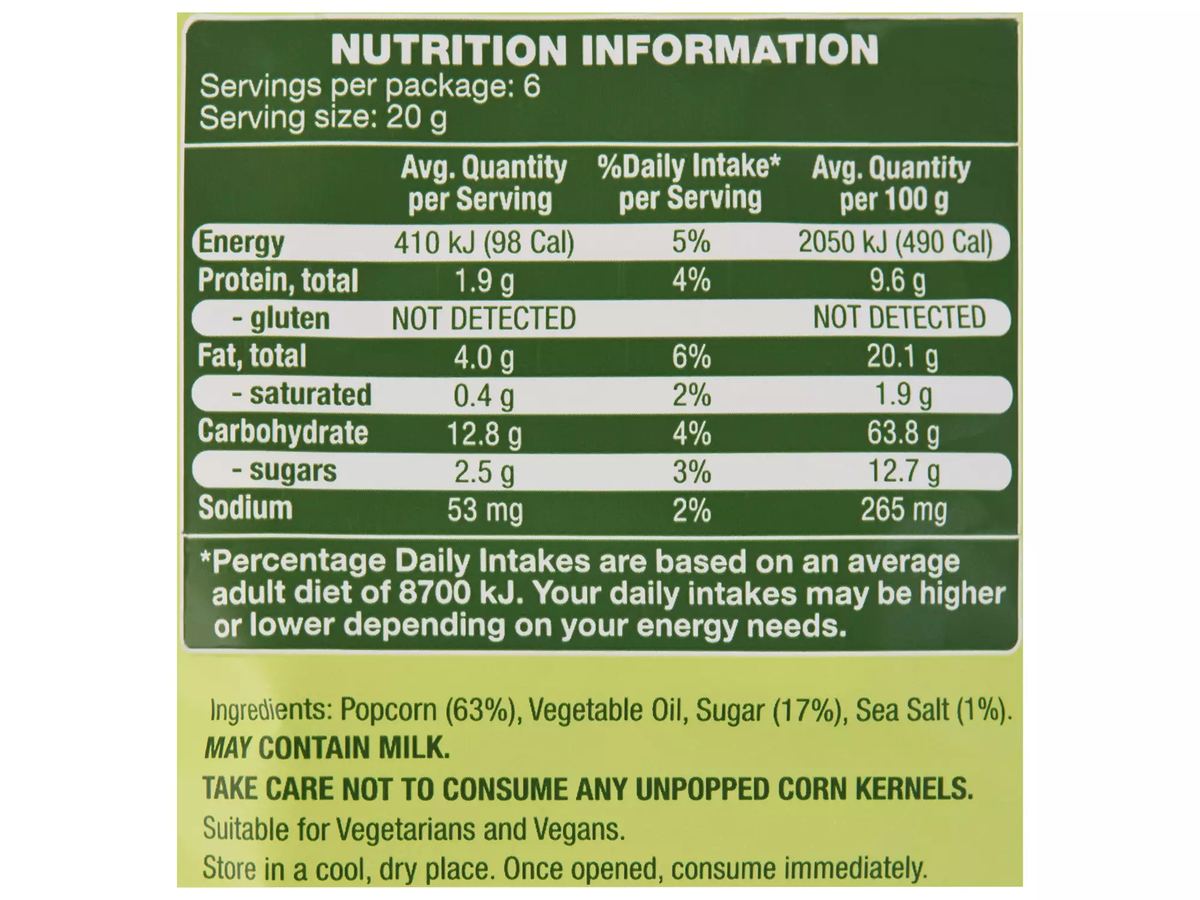 Pack photograph of SPRINTERS Sweet and Salty Popcorn 120g showing the printed nutrition panel