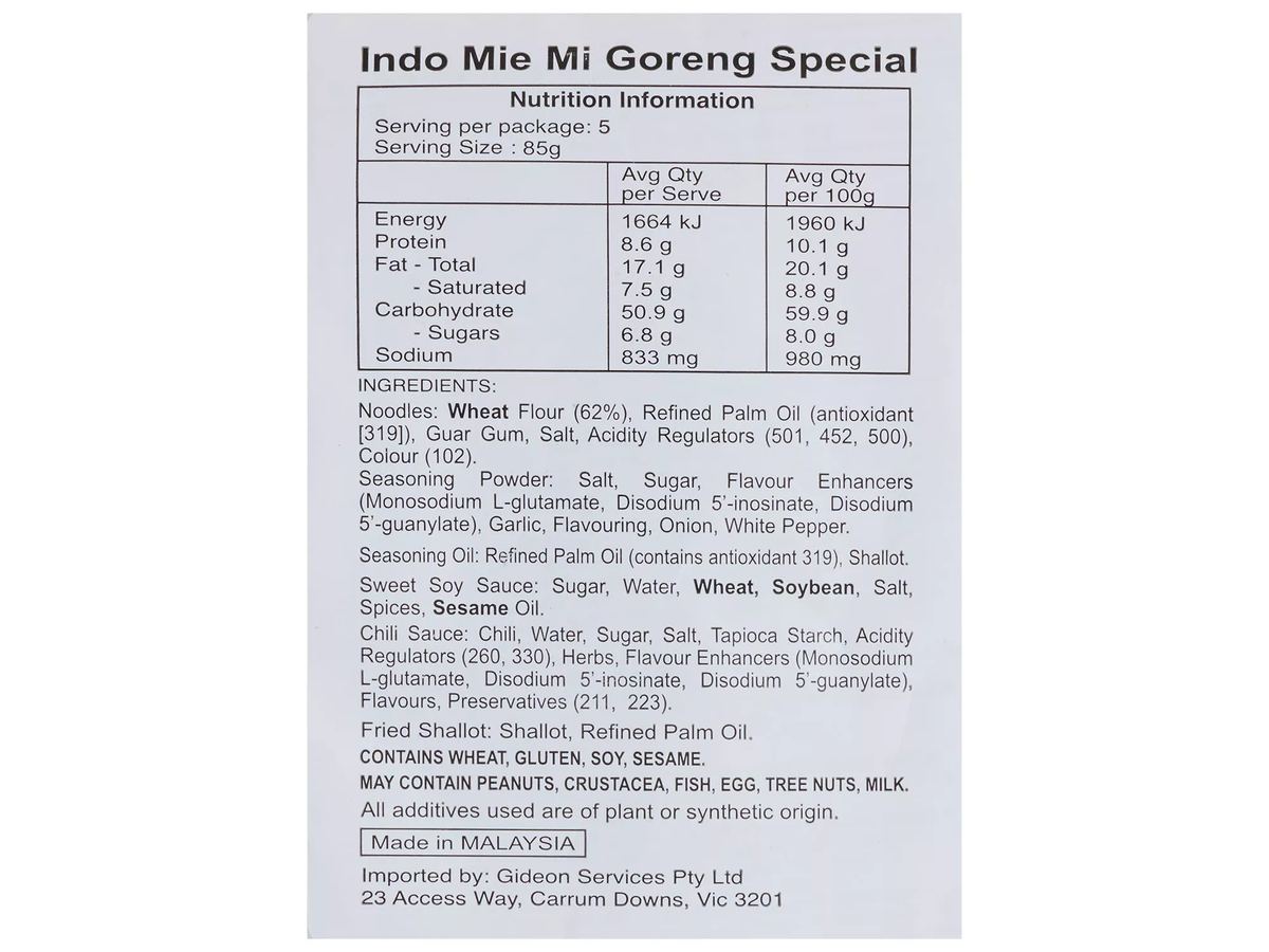 Pack photograph of Indomie Mi Goreng Noodles 5 Pack 425g showing the printed nutrition panel