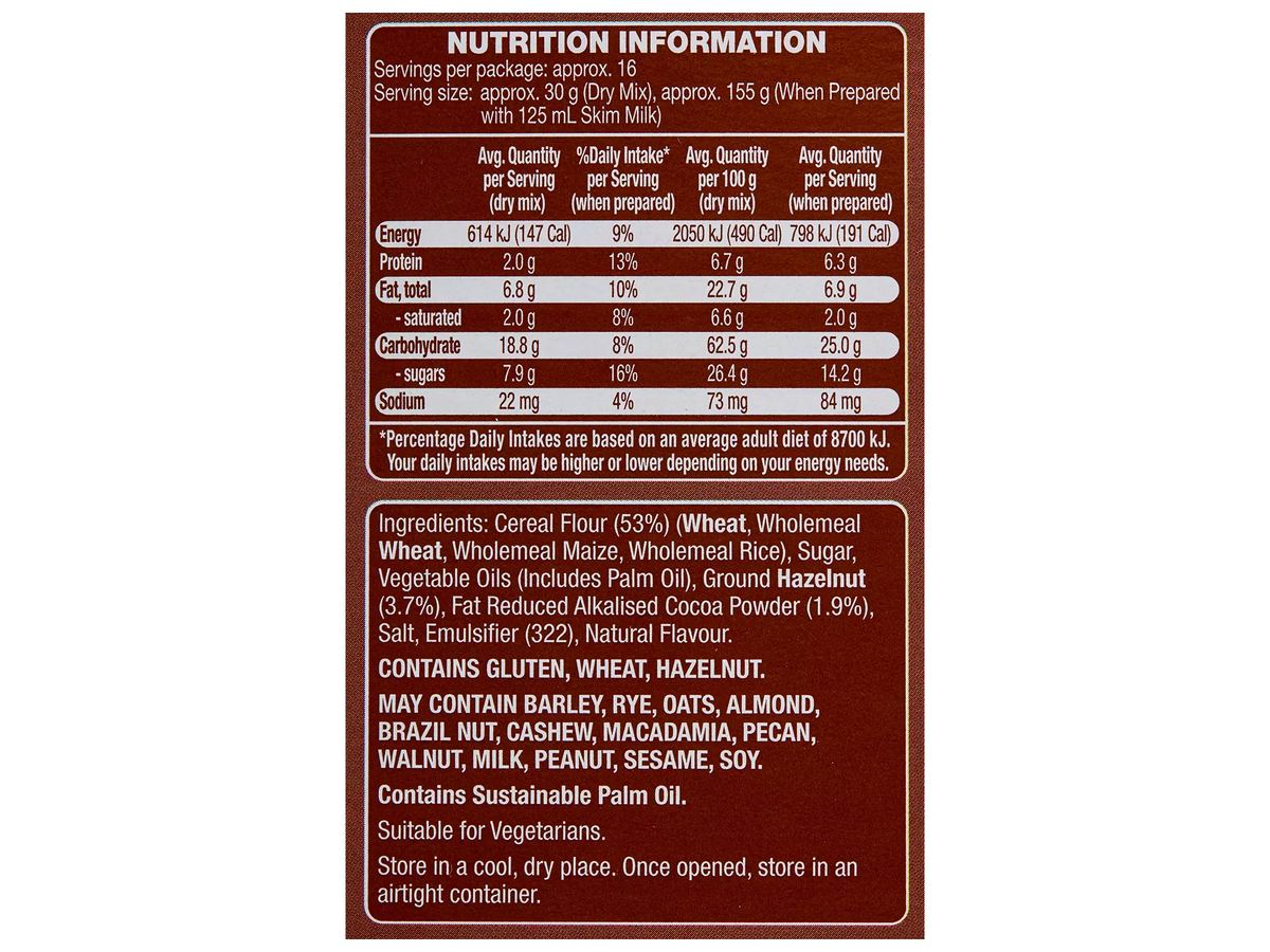 Pack photograph of HILLCREST Choco Pillows Cereal 500g showing the printed nutrition panel