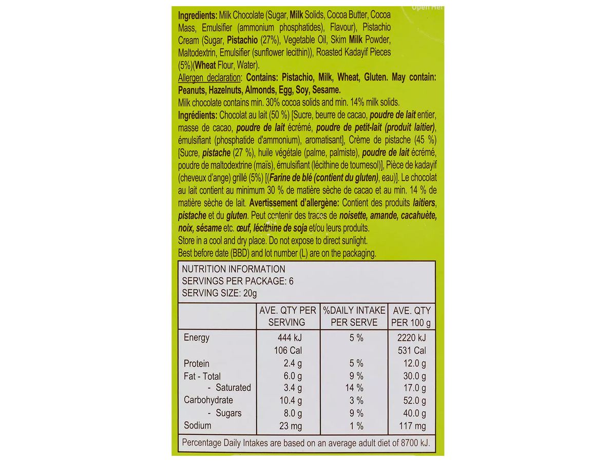 Pack photograph of Dubai Style Chocolate Block 122g showing the printed nutrition panel